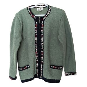 VINTAGE wool sage/olive green embroidered flowers knit cardigan Small @G